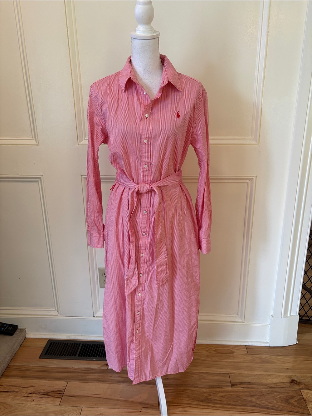 Ralph Lauren Red Long-Sleeve Button-Front Shirt Dress with Tie Waist